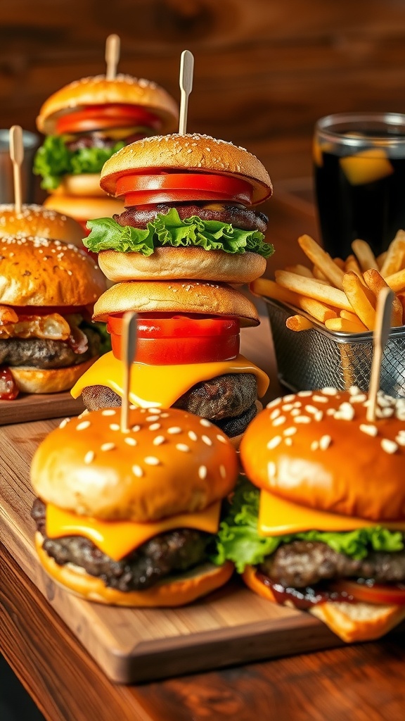An array of gourmet burgers with fresh toppings and crispy fries on a wooden table.